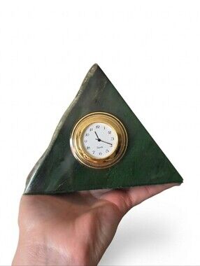 Vintage Triangle Stone Desk Clock – Polished Green Mineral with Gold-Tone Quartz